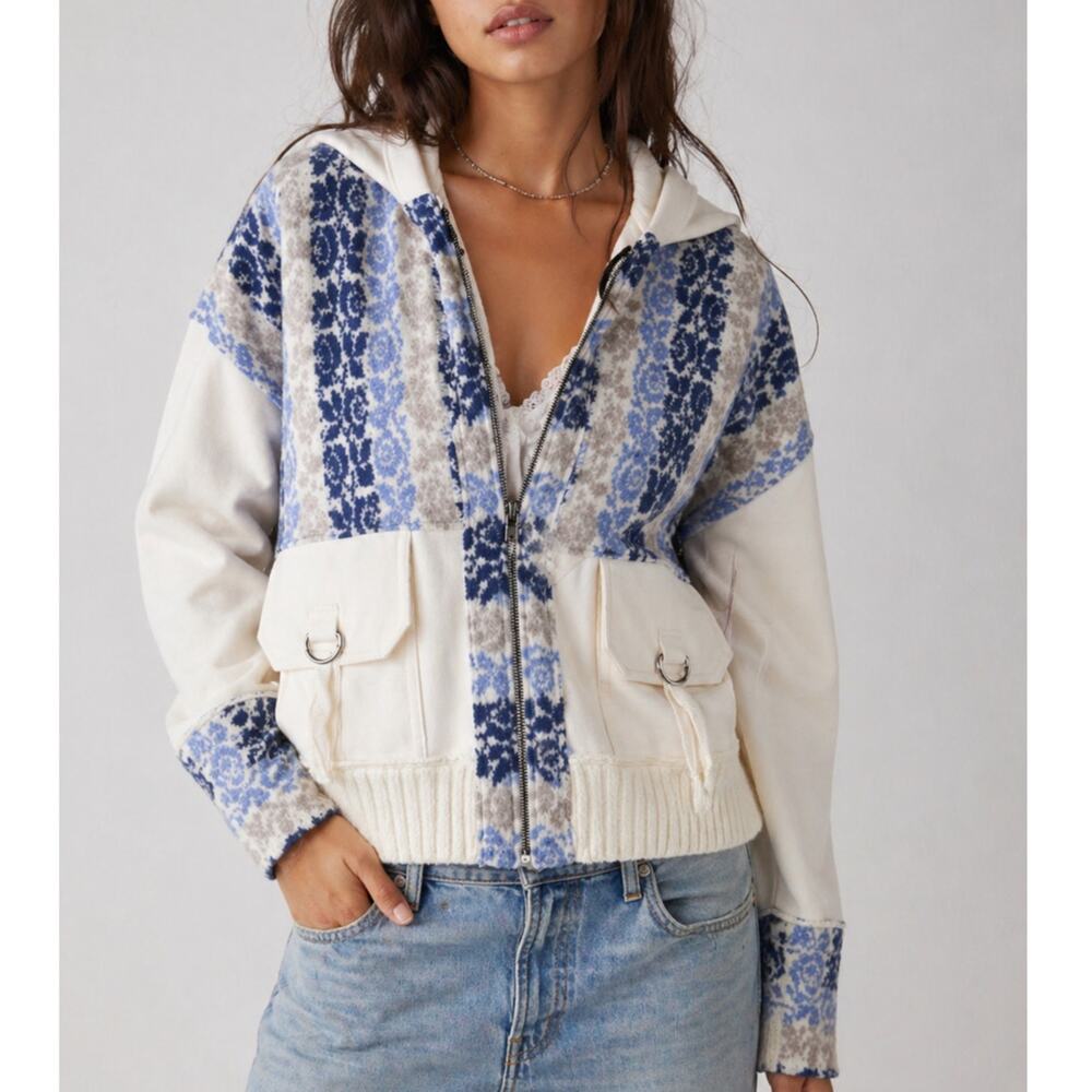 Free People Rockwell Hooded Sweatshirt Blue Floral Block Print Medium